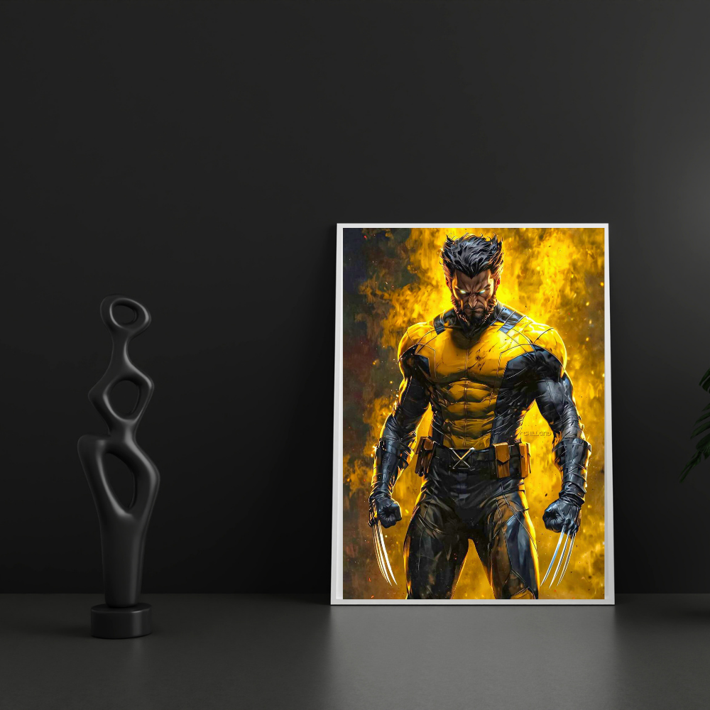 Premium Glossy Aluminium Metal Poster – Wolverine-Inspired Yellow & Black Warrior Artwork | HD Printed Aluminium Wall Decor for Bedroom, Gaming Room, Office & Studio | Waterproof, Fade-Proof Superhero Wall Frame