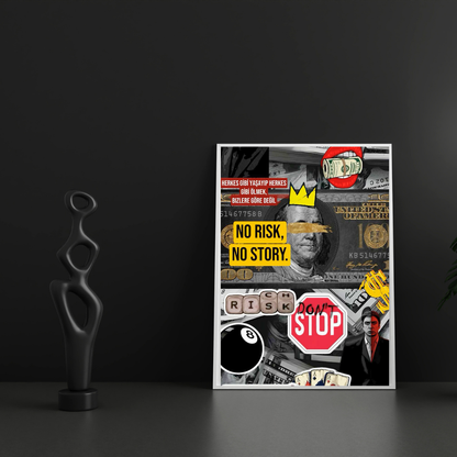 Premium Glossy Aluminium Metal Poster – “No Risk No Story” Money Collage Art | HD Printed Aluminium Wall Decor for Office, Bedroom, Gaming Room & Studio | Waterproof, Fade-Proof Motivational Wall Frame