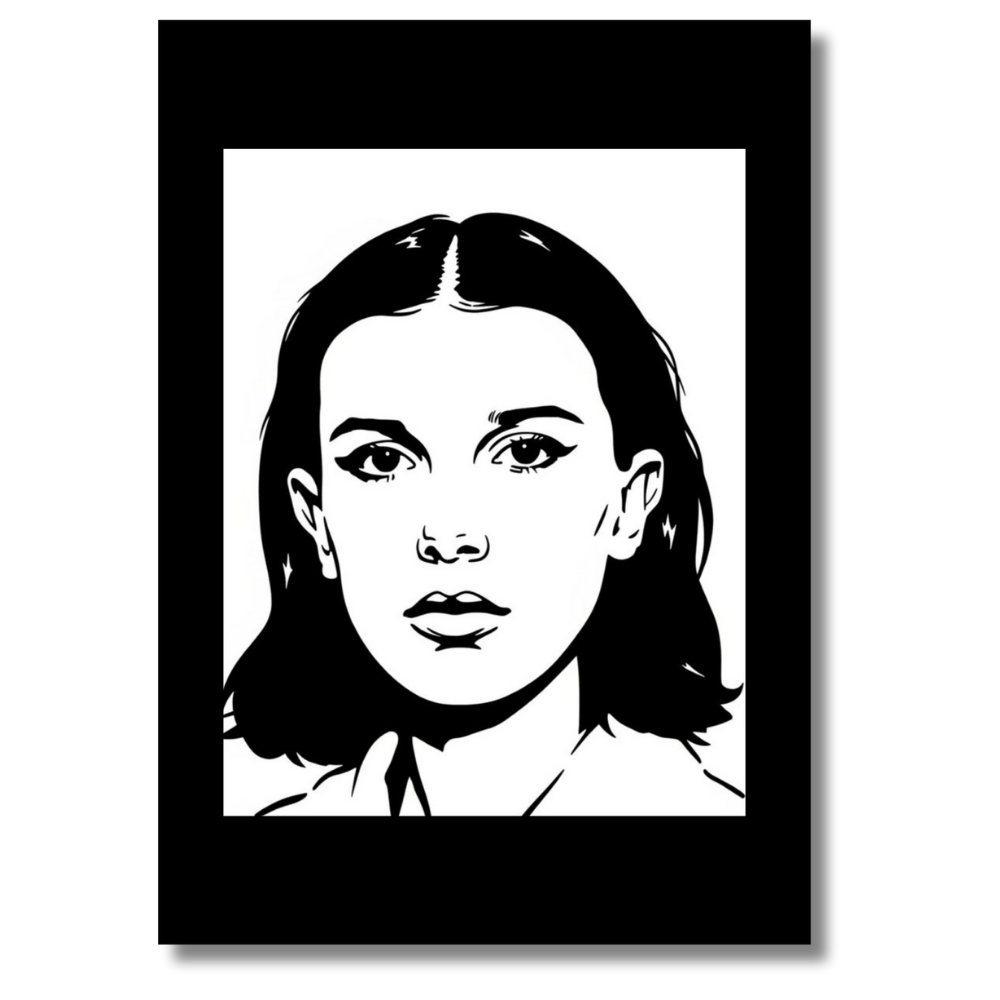 Millie Bobby Brown Inspired Portrait 2D Framed Wall Art Poster | HD Gloss Finish Black & White Illustration | Iconic TV Character Aesthetic Wall Frame for Bedroom & Studio