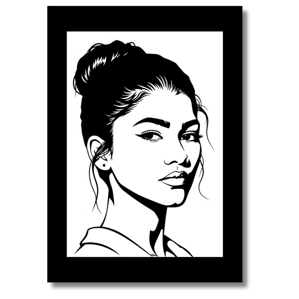 Zendaya Inspired Fashion Portrait 2D Framed Wall Art Poster | HD Gloss Finish Black & White Illustration | Modern Celebrity Aesthetic Wall Frame for Bedroom, Living Room & Studio