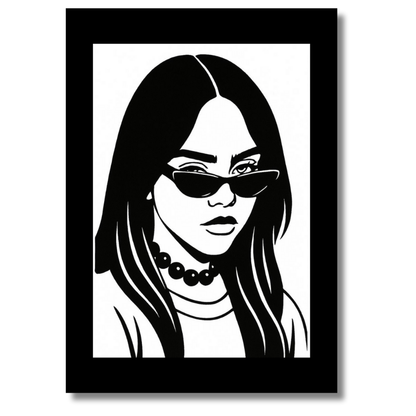 Billie Eilish Inspired Fashion Silhouette 2D Framed Wall Art Poster | HD Gloss Finish Black & White Portrait | Modern Music Icon Aesthetic Wall Frame for Bedroom & Studio