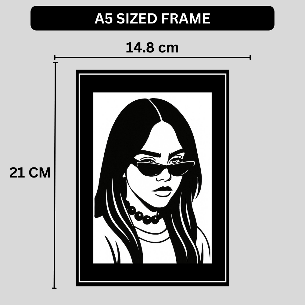 Billie Eilish Inspired Fashion Silhouette 2D Framed Wall Art Poster | HD Gloss Finish Black & White Portrait | Modern Music Icon Aesthetic Wall Frame for Bedroom & Studio