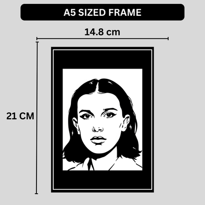 Millie Bobby Brown Inspired Portrait 2D Framed Wall Art Poster | HD Gloss Finish Black & White Illustration | Iconic TV Character Aesthetic Wall Frame for Bedroom & Studio