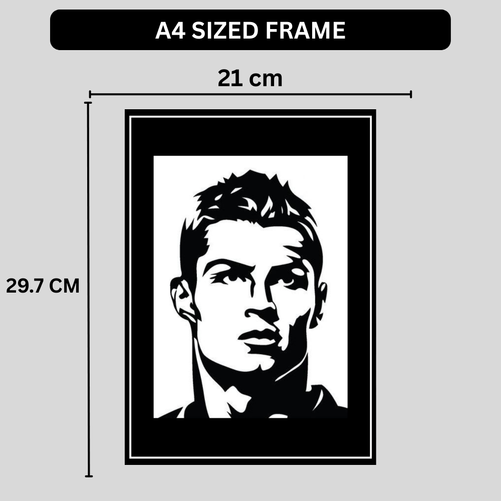 RONALDO Football Icon Silhouette 2D Framed Wall Art Poster | HD Gloss Finish Black & White Portrait | Legendary Sports Motivation Frame for Home, Office & Gym Décor