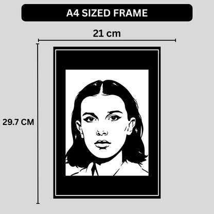 Millie Bobby Brown Inspired Portrait 2D Framed Wall Art Poster | HD Gloss Finish Black & White Illustration | Iconic TV Character Aesthetic Wall Frame for Bedroom & Studio