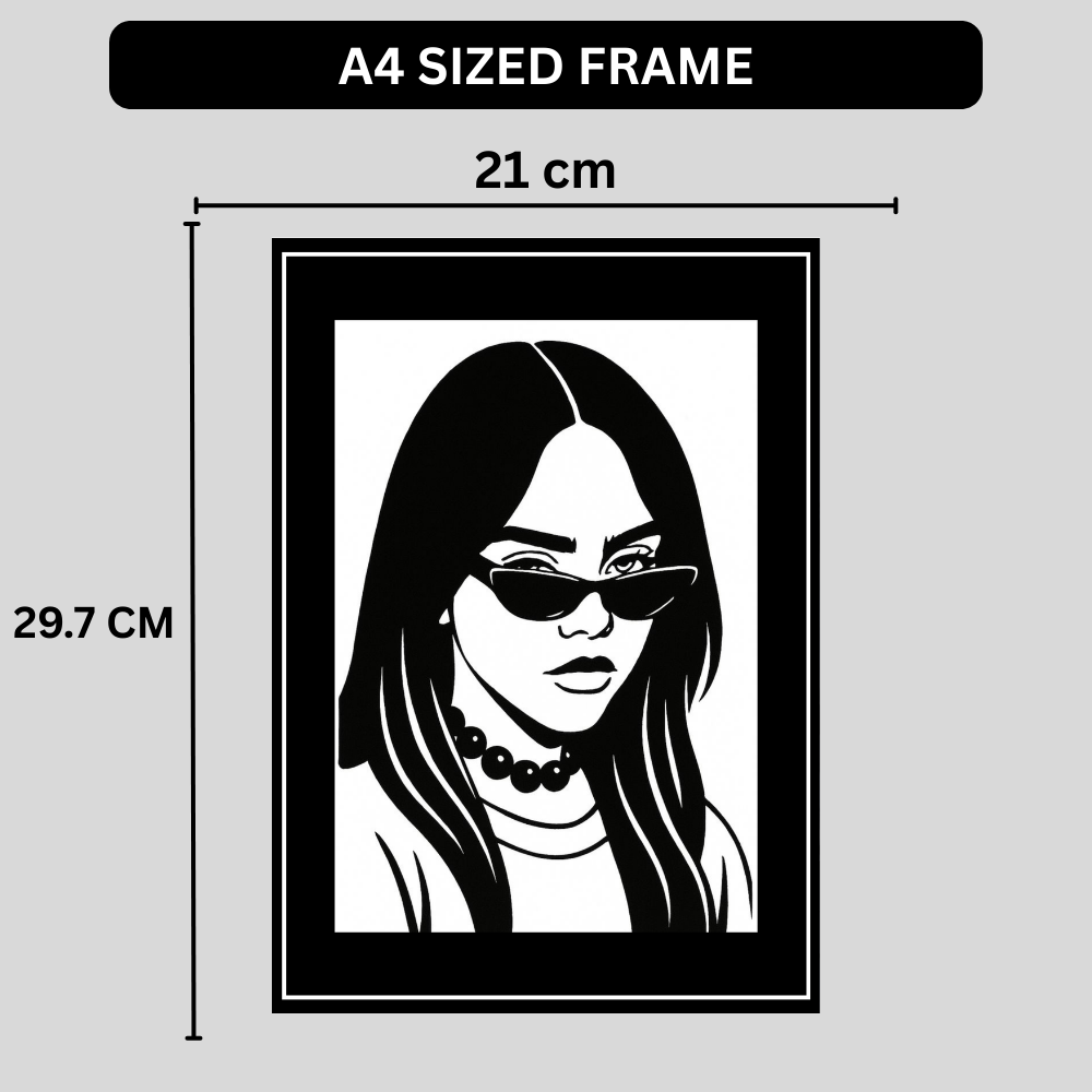 Billie Eilish Inspired Fashion Silhouette 2D Framed Wall Art Poster | HD Gloss Finish Black & White Portrait | Modern Music Icon Aesthetic Wall Frame for Bedroom & Studio