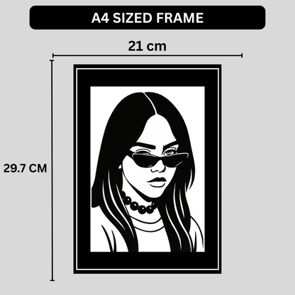 Billie Eilish Inspired Fashion Silhouette 2D Framed Wall Art Poster | HD Gloss Finish Black & White Portrait | Modern Music Icon Aesthetic Wall Frame for Bedroom & Studio