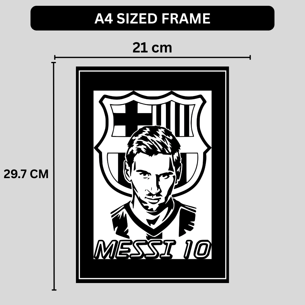LIONEL MESSI Football Legend 2D Framed Wall Art Poster | HD Gloss Finish Black & White Portrait | Iconic Jersey No. 10 Sports Décor Frame for Home, Office & Gym