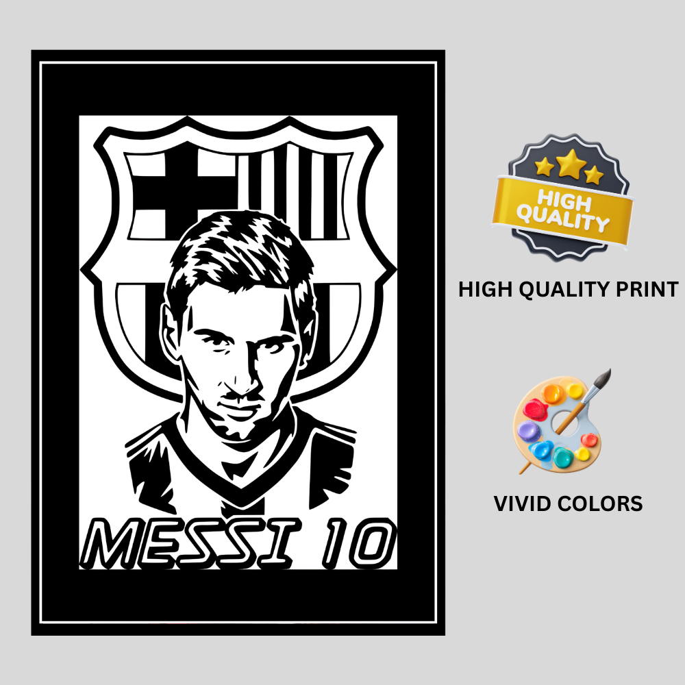 LIONEL MESSI Football Legend 2D Framed Wall Art Poster | HD Gloss Finish Black & White Portrait | Iconic Jersey No. 10 Sports Décor Frame for Home, Office & Gym