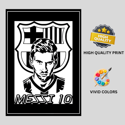 LIONEL MESSI Football Legend 2D Framed Wall Art Poster | HD Gloss Finish Black & White Portrait | Iconic Jersey No. 10 Sports Décor Frame for Home, Office & Gym
