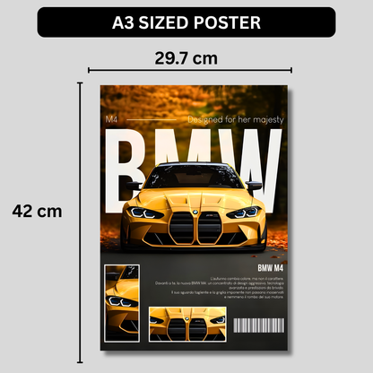 BMW M4 Competition Poster Wall Art | Yellow BMW Sports Car Aesthetic Poster for Bedroom, Gaming Room & Office | Premium Automotive Decor Print