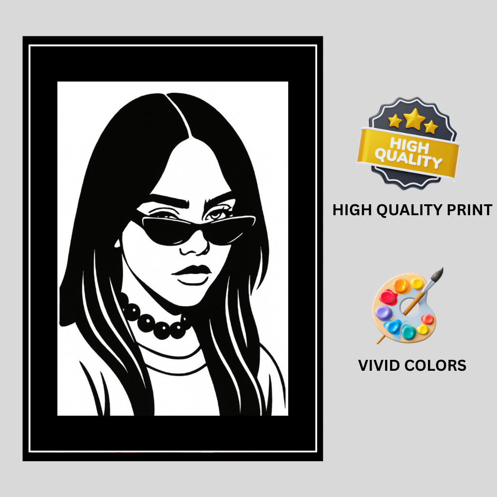 Billie Eilish Inspired Fashion Silhouette 2D Framed Wall Art Poster | HD Gloss Finish Black & White Portrait | Modern Music Icon Aesthetic Wall Frame for Bedroom & Studio