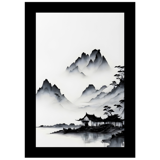 Minimalist Ink Mountain Landscape 2D Framed Wall Art Poster | Japanese Zen Style Misty Mountains & Lake Painting | HD Matte Finish Modern Wall Frame for Home & Office Décor
