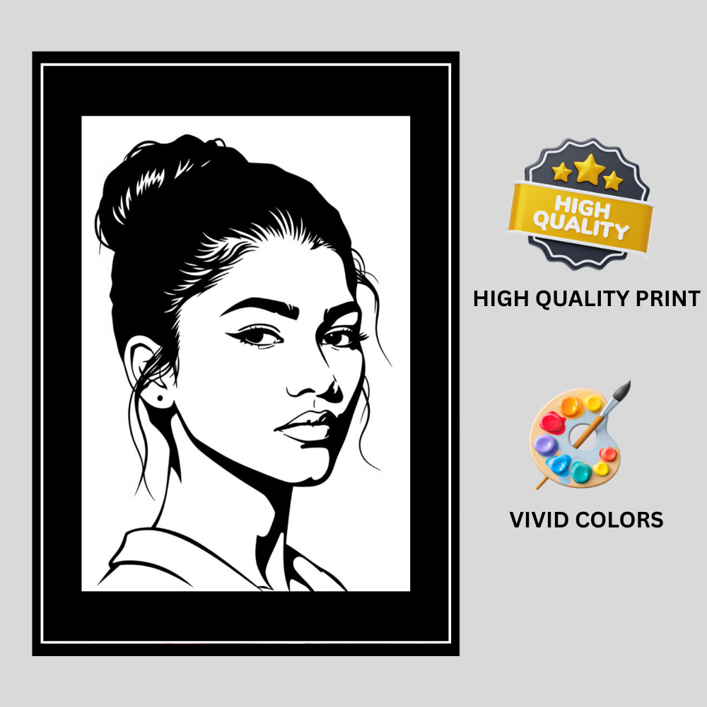 Zendaya Inspired Fashion Portrait 2D Framed Wall Art Poster | HD Gloss Finish Black & White Illustration | Modern Celebrity Aesthetic Wall Frame for Bedroom, Living Room & Studio