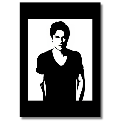 Damon Salvatore Inspired Portrait 2D Framed Wall Art Poster | The Vampire Diaries Aesthetic | HD Gloss Finish Black & White Silhouette Frame for Bedroom & Studio