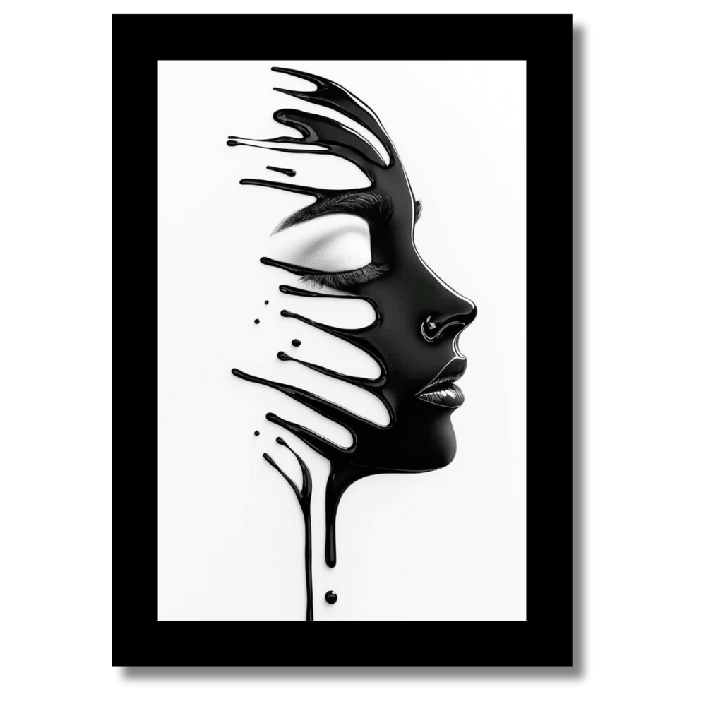 Abstract Black Liquid Face Wall Art 2D Framed Poster | Modern Minimalist Portrait Design | HD Gloss Finish Contemporary Wall Frame for Home & Office Décor