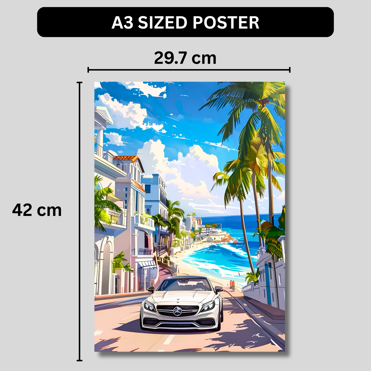 Luxury Coastal Supercar Poster for Room Aesthetic | Premium Beachside Sports Car Wall Art for Bedroom, Gaming Room, Office & Man Cave | Modern Tropical Car Artwork Decor