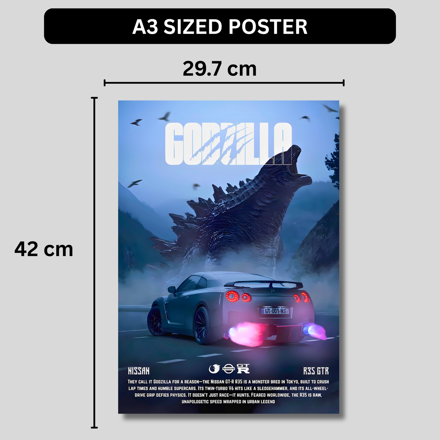 Nissan GT-R R35 Godzilla Poster Wall Art | JDM Supercar Aesthetic Poster for Gaming Room, Bedroom & Office | Premium Automotive Decor Print