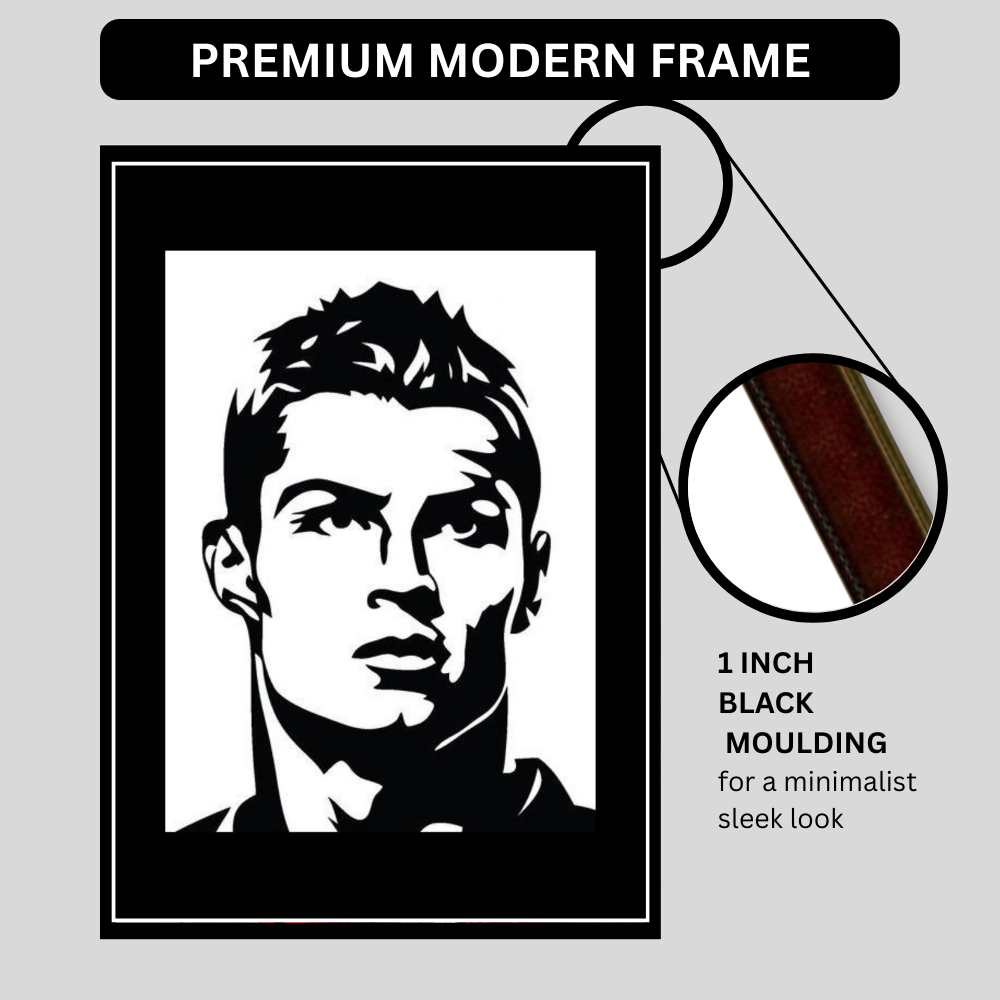 RONALDO Football Icon Silhouette 2D Framed Wall Art Poster | HD Gloss Finish Black & White Portrait | Legendary Sports Motivation Frame for Home, Office & Gym Décor
