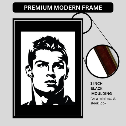 RONALDO Football Icon Silhouette 2D Framed Wall Art Poster | HD Gloss Finish Black & White Portrait | Legendary Sports Motivation Frame for Home, Office & Gym Décor