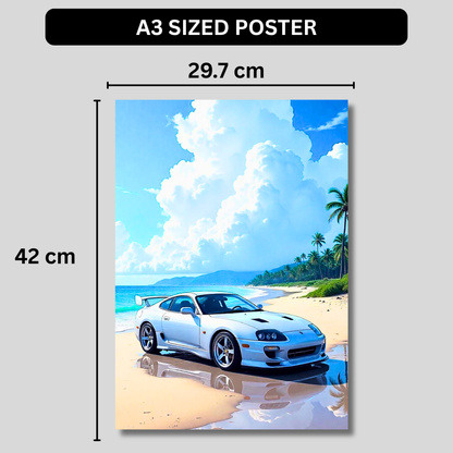 Toyota Supra Aesthetic Poster Wall Art | Tropical JDM Sports Car Artwork for Office, Garage & Gaming Room