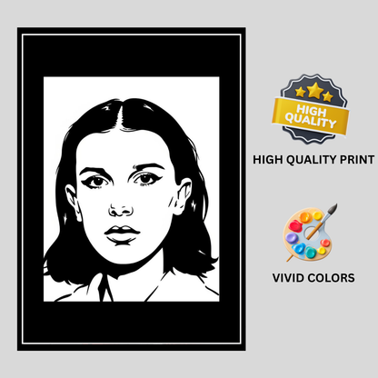 Millie Bobby Brown Inspired Portrait 2D Framed Wall Art Poster | HD Gloss Finish Black & White Illustration | Iconic TV Character Aesthetic Wall Frame for Bedroom & Studio
