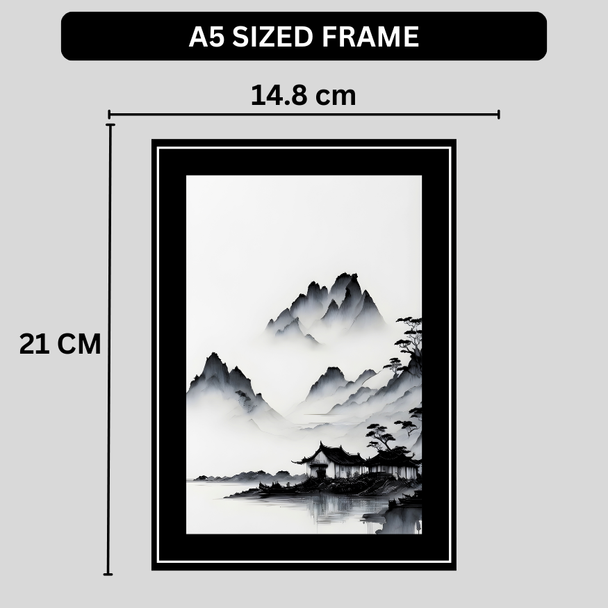 Minimalist Ink Mountain Landscape 2D Framed Wall Art Poster | Japanese Zen Style Misty Mountains & Lake Painting | HD Matte Finish Modern Wall Frame for Home & Office Décor