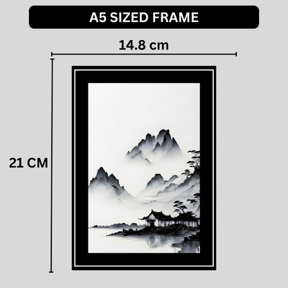 Minimalist Ink Mountain Landscape 2D Framed Wall Art Poster | Japanese Zen Style Misty Mountains & Lake Painting | HD Matte Finish Modern Wall Frame for Home & Office Décor