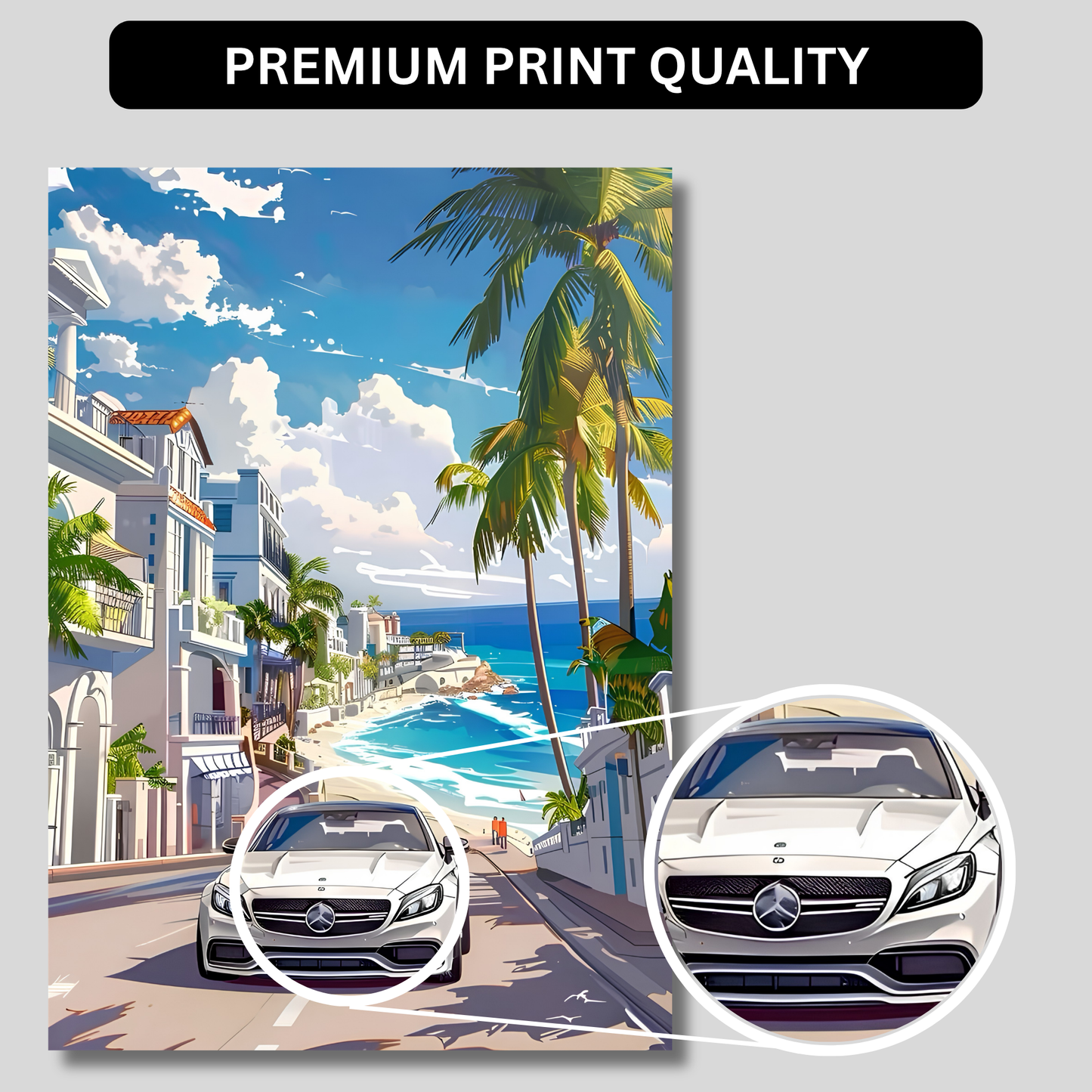 Luxury Coastal Supercar Poster for Room Aesthetic | Premium Beachside Sports Car Wall Art for Bedroom, Gaming Room, Office & Man Cave | Modern Tropical Car Artwork Decor