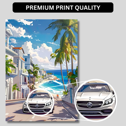 Luxury Coastal Supercar Poster for Room Aesthetic | Premium Beachside Sports Car Wall Art for Bedroom, Gaming Room, Office & Man Cave | Modern Tropical Car Artwork Decor