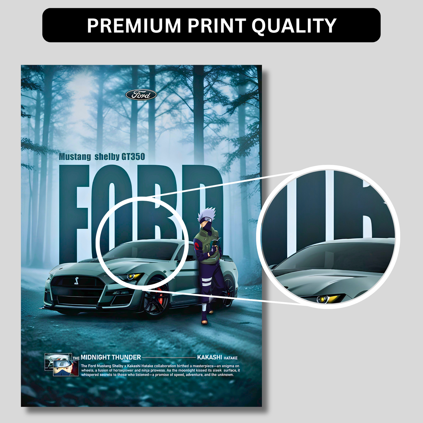 Ford Mustang Shelby GT350 Poster Wall Art | Kakashi Anime x Mustang Sports Car Aesthetic Poster for Gaming Room, Bedroom & Office | Premium Automotive Decor Print