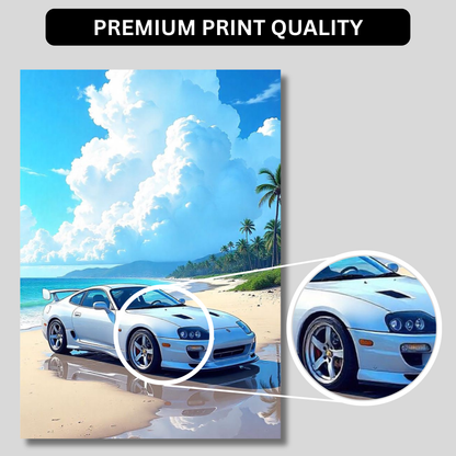 Toyota Supra Aesthetic Poster Wall Art | Tropical JDM Sports Car Artwork for Office, Garage & Gaming Room