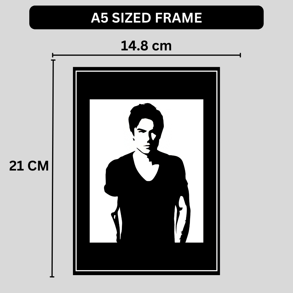 Damon Salvatore Inspired Portrait 2D Framed Wall Art Poster | The Vampire Diaries Aesthetic | HD Gloss Finish Black & White Silhouette Frame for Bedroom & Studio
