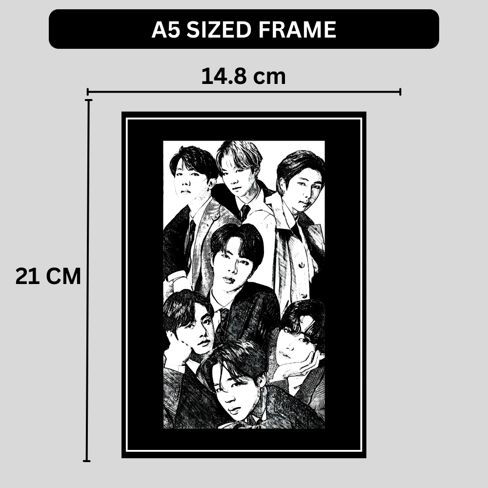 BTS Inspired K-Pop Boy Band 2D Framed Wall Art Poster | 7-Member Music Icon Sketch Design | HD Gloss Finish Fan Art Frame for Bedroom, Studio & Modern Home Décor