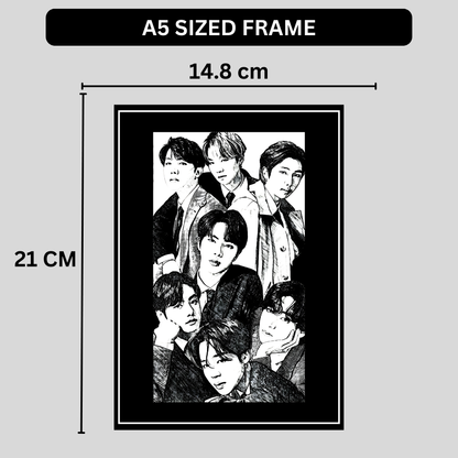 BTS Inspired K-Pop Boy Band 2D Framed Wall Art Poster | 7-Member Music Icon Sketch Design | HD Gloss Finish Fan Art Frame for Bedroom, Studio & Modern Home Décor