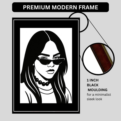 Billie Eilish Inspired Fashion Silhouette 2D Framed Wall Art Poster | HD Gloss Finish Black & White Portrait | Modern Music Icon Aesthetic Wall Frame for Bedroom & Studio