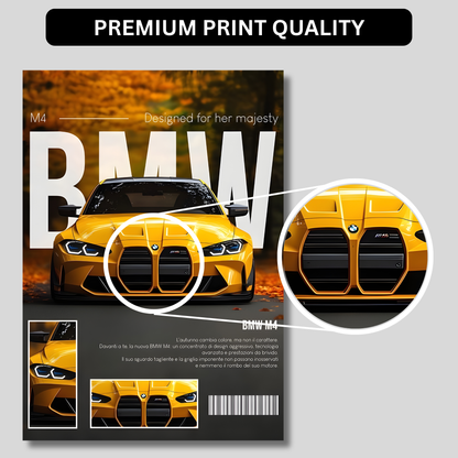 BMW M4 Competition Poster Wall Art | Yellow BMW Sports Car Aesthetic Poster for Bedroom, Gaming Room & Office | Premium Automotive Decor Print