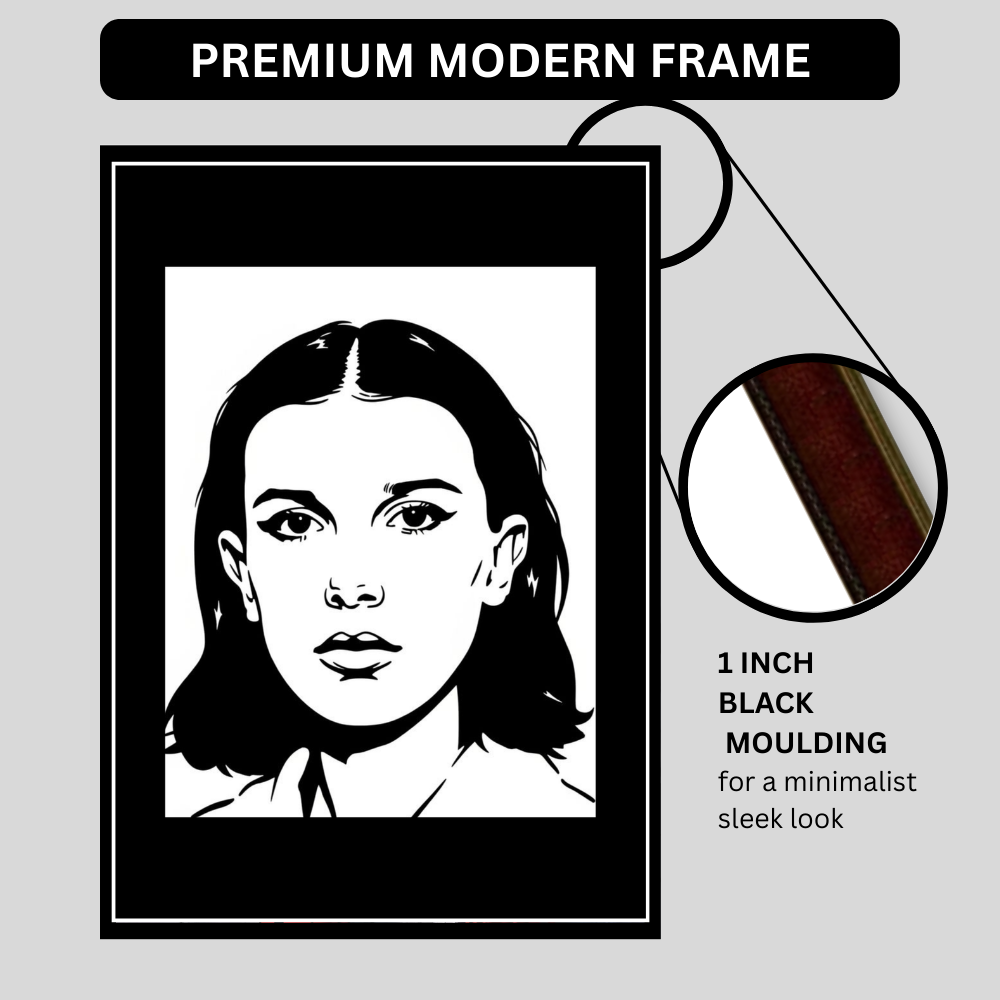 Millie Bobby Brown Inspired Portrait 2D Framed Wall Art Poster | HD Gloss Finish Black & White Illustration | Iconic TV Character Aesthetic Wall Frame for Bedroom & Studio