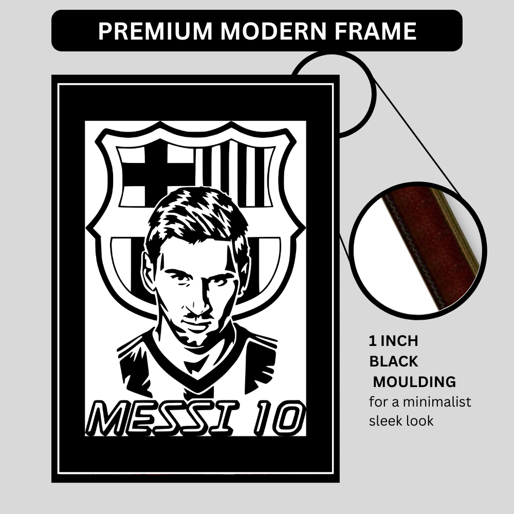 LIONEL MESSI Football Legend 2D Framed Wall Art Poster | HD Gloss Finish Black & White Portrait | Iconic Jersey No. 10 Sports Décor Frame for Home, Office & Gym