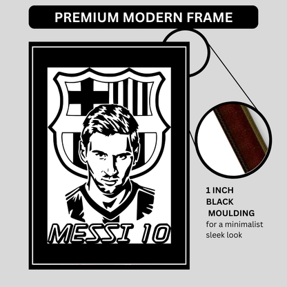 LIONEL MESSI Football Legend 2D Framed Wall Art Poster | HD Gloss Finish Black & White Portrait | Iconic Jersey No. 10 Sports Décor Frame for Home, Office & Gym