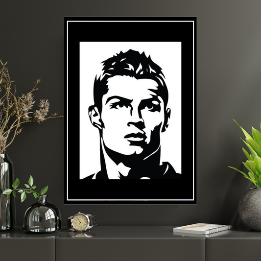 RONALDO Football Icon Silhouette 2D Framed Wall Art Poster | HD Gloss Finish Black & White Portrait | Legendary Sports Motivation Frame for Home, Office & Gym Décor