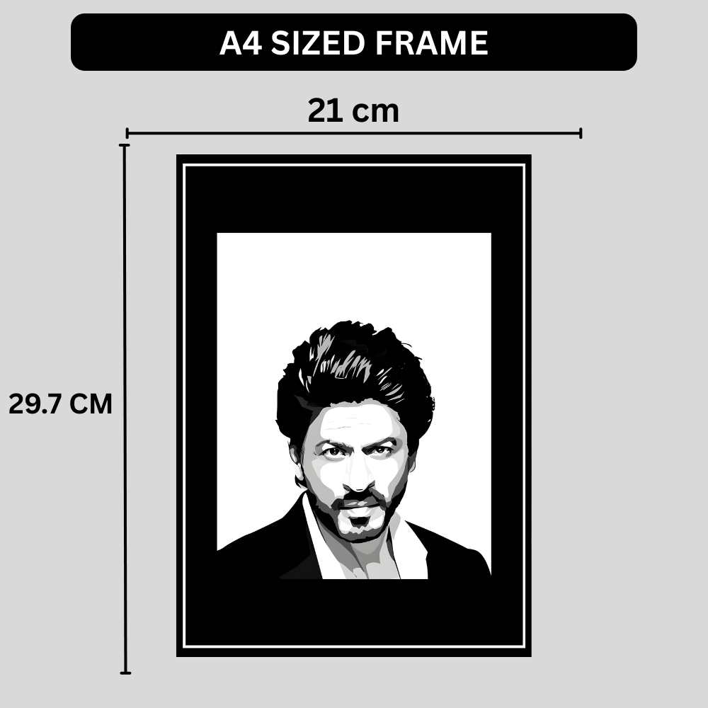 SHAHRUKH KHAN Inspired Portrait 2D Framed Wall Art Poster | King Khan Aesthetic | HD Gloss Finish Black & White Celebrity Silhouette Frame for Home & Office Décor