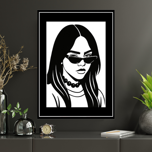 Billie Eilish Inspired Fashion Silhouette 2D Framed Wall Art Poster | HD Gloss Finish Black & White Portrait | Modern Music Icon Aesthetic Wall Frame for Bedroom & Studio
