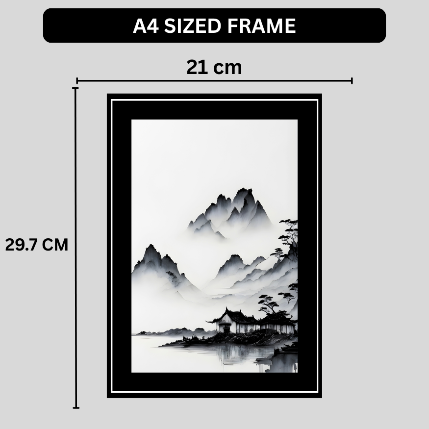 Minimalist Ink Mountain Landscape 2D Framed Wall Art Poster | Japanese Zen Style Misty Mountains & Lake Painting | HD Matte Finish Modern Wall Frame for Home & Office Décor