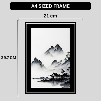 Minimalist Ink Mountain Landscape 2D Framed Wall Art Poster | Japanese Zen Style Misty Mountains & Lake Painting | HD Matte Finish Modern Wall Frame for Home & Office Décor