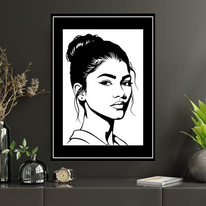 Zendaya Inspired Fashion Portrait 2D Framed Wall Art Poster | HD Gloss Finish Black & White Illustration | Modern Celebrity Aesthetic Wall Frame for Bedroom, Living Room & Studio