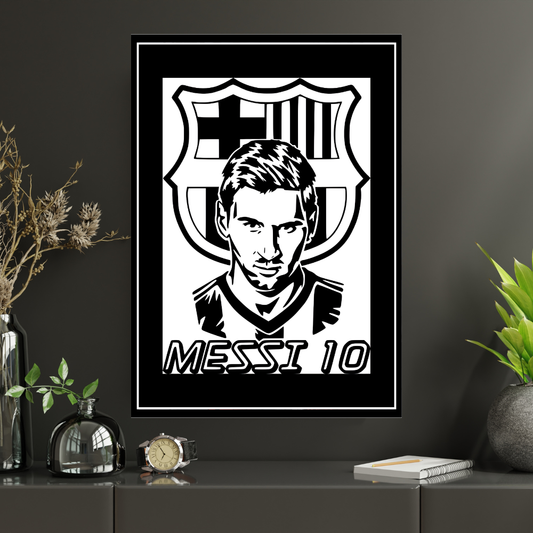 LIONEL MESSI Football Legend 2D Framed Wall Art Poster | HD Gloss Finish Black & White Portrait | Iconic Jersey No. 10 Sports Décor Frame for Home, Office & Gym