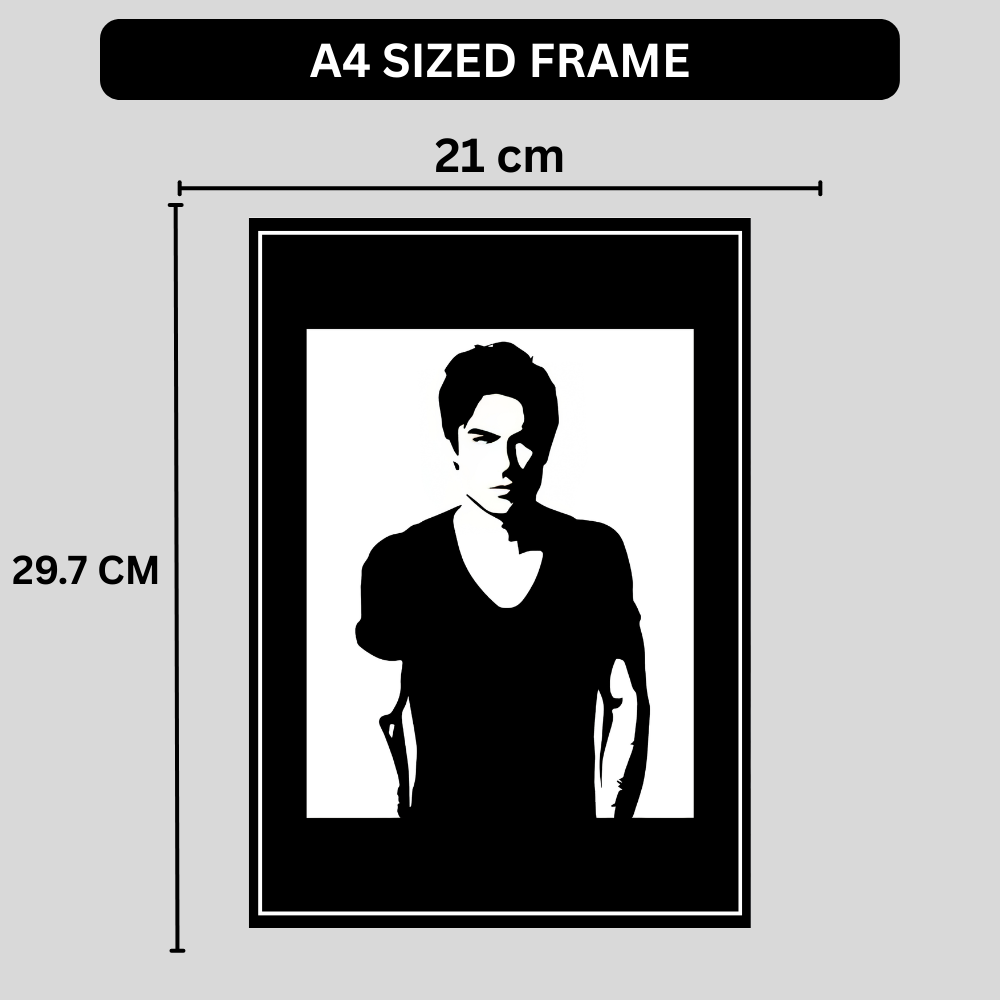 Damon Salvatore Inspired Portrait 2D Framed Wall Art Poster | The Vampire Diaries Aesthetic | HD Gloss Finish Black & White Silhouette Frame for Bedroom & Studio