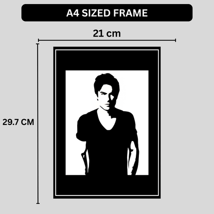 Damon Salvatore Inspired Portrait 2D Framed Wall Art Poster | The Vampire Diaries Aesthetic | HD Gloss Finish Black & White Silhouette Frame for Bedroom & Studio
