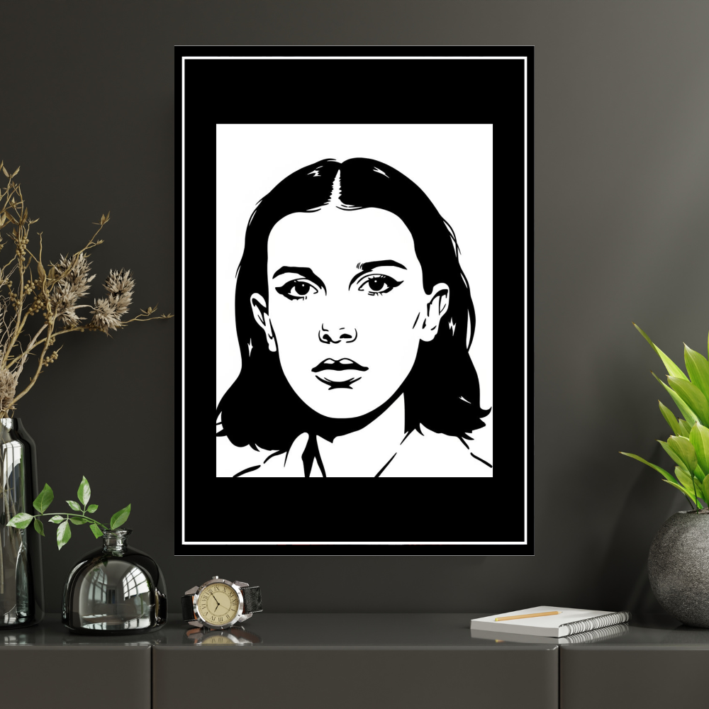 Millie Bobby Brown Inspired Portrait 2D Framed Wall Art Poster | HD Gloss Finish Black & White Illustration | Iconic TV Character Aesthetic Wall Frame for Bedroom & Studio